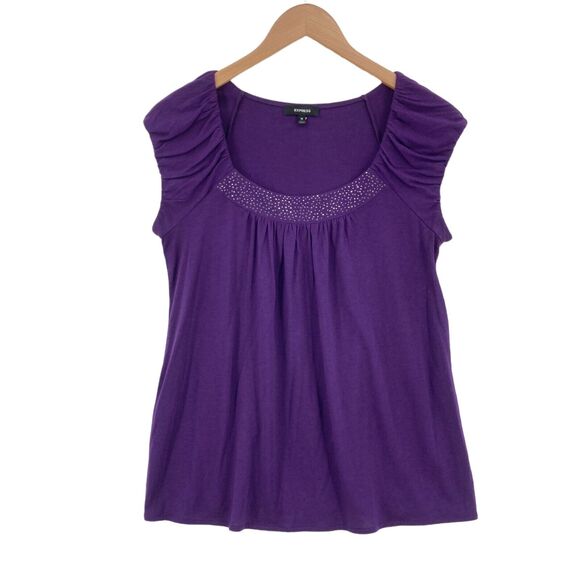 Express Blouse Top Womens Medium Purple Knit Cotton Beaded Round Neck Pullover - Picture 1 of 15